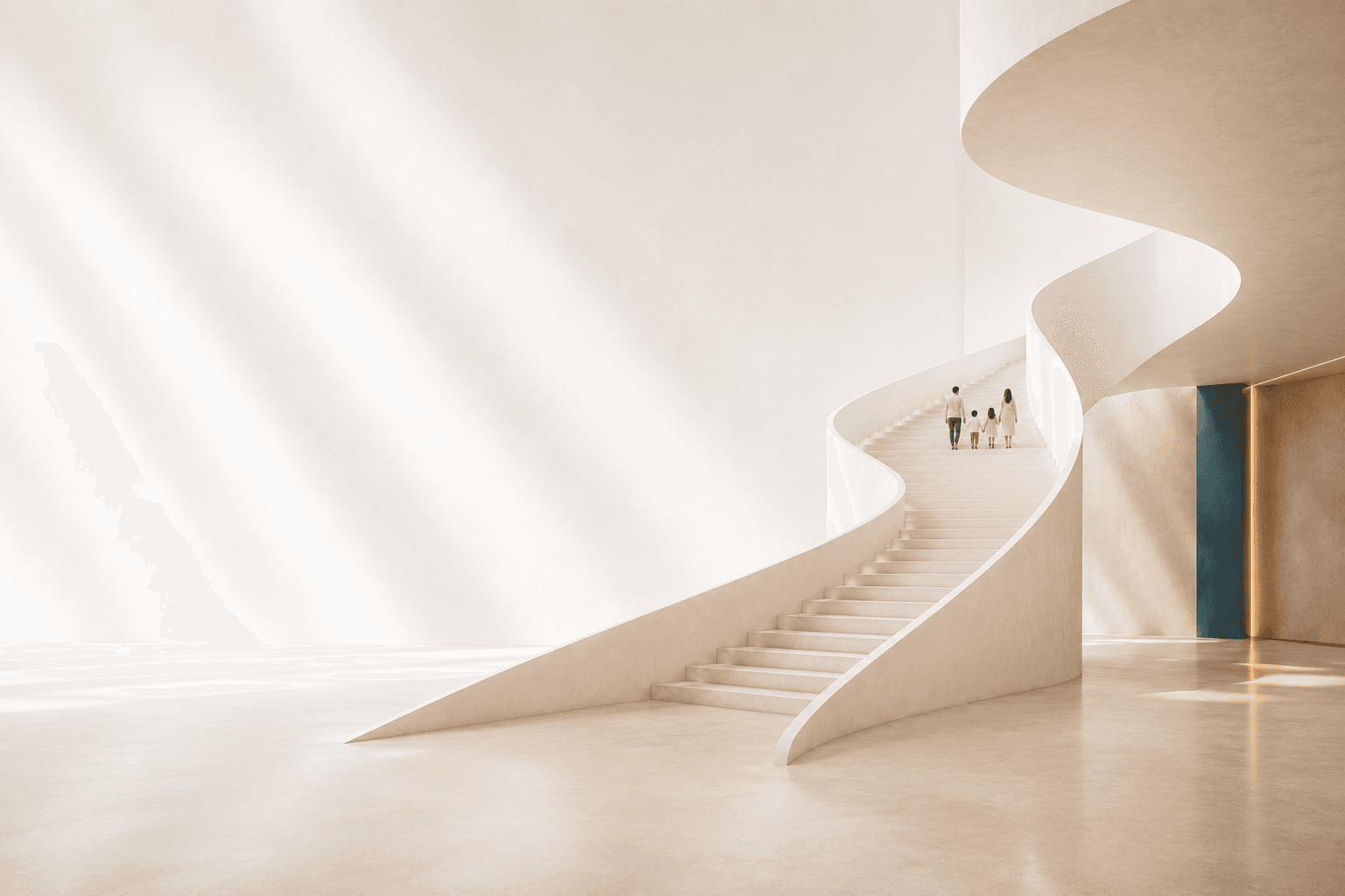 Familia ascendiendo unida por una escalera escultórica en un espacio luminoso.